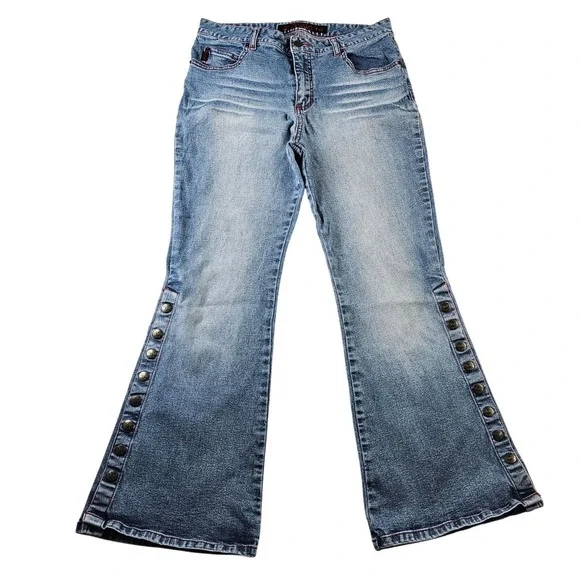 Y2K Mudd Jeans Bell Bottom Flare Denim pant Women's 28 Blue Wash Snap Button‎ - Picture 3 of 17